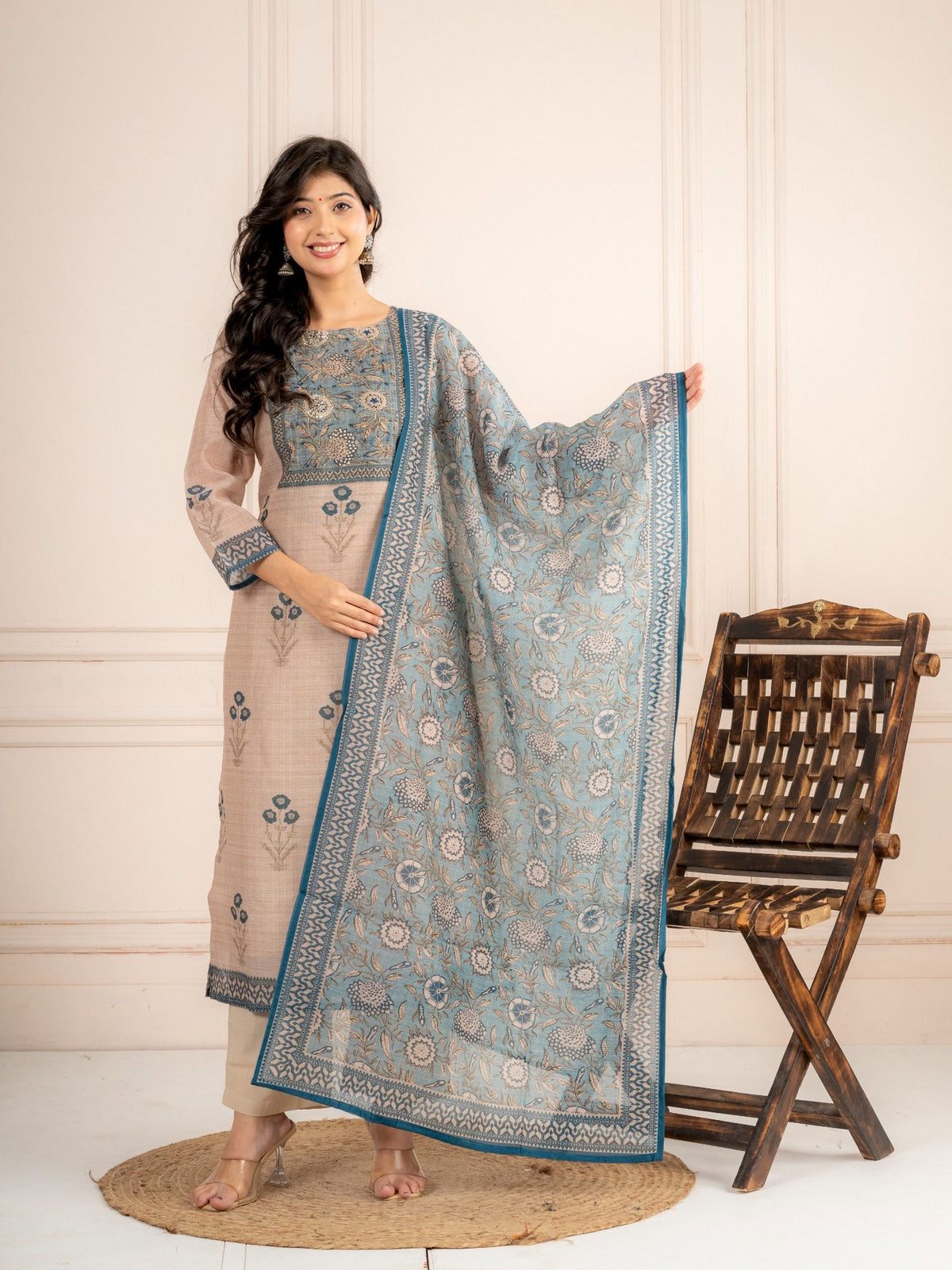 Mink Beige Chanderi Silk Suit Set with Teal Blue Dupatta