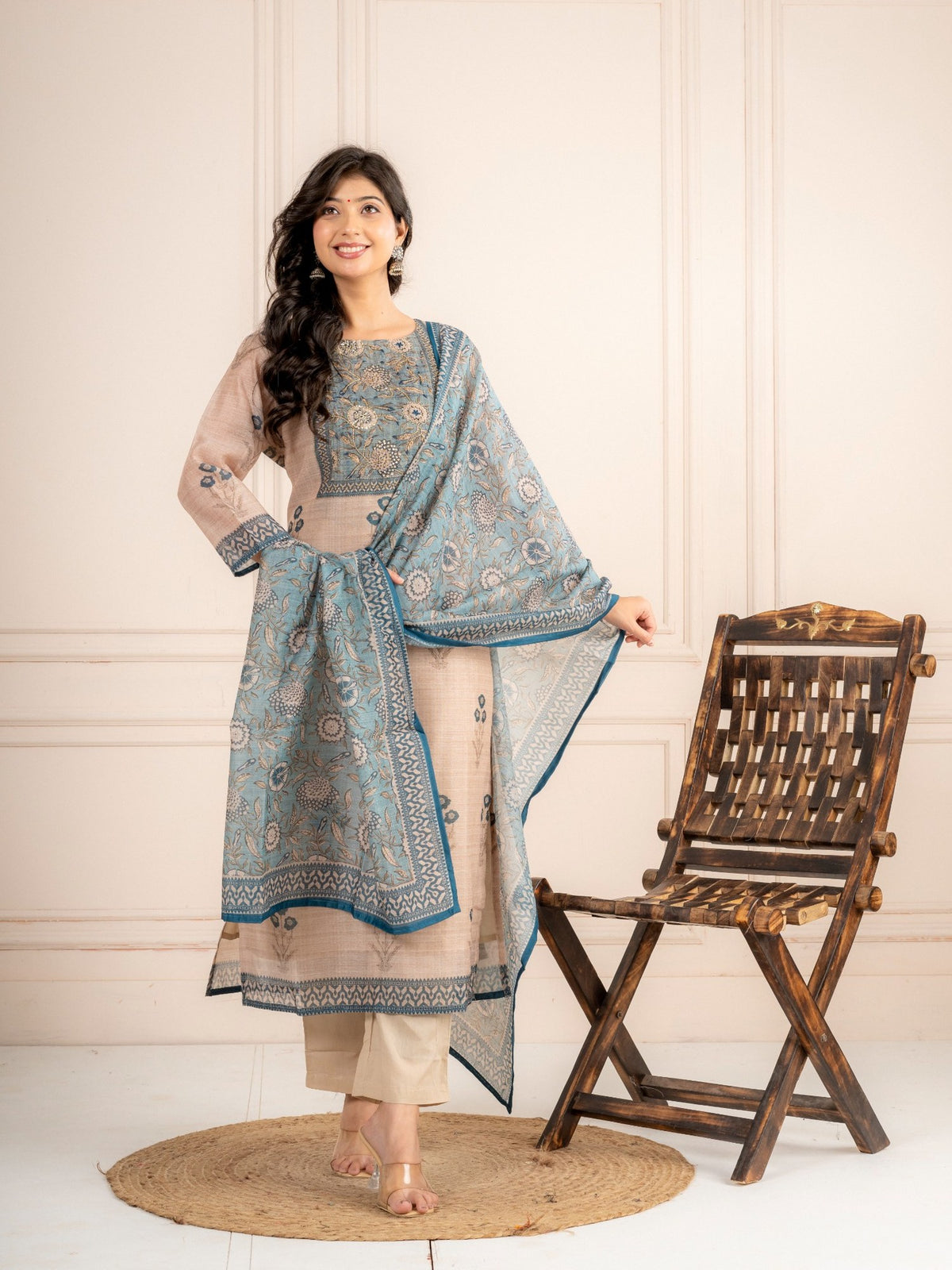 Mink Beige Chanderi Silk Suit Set with Teal Blue Dupatta