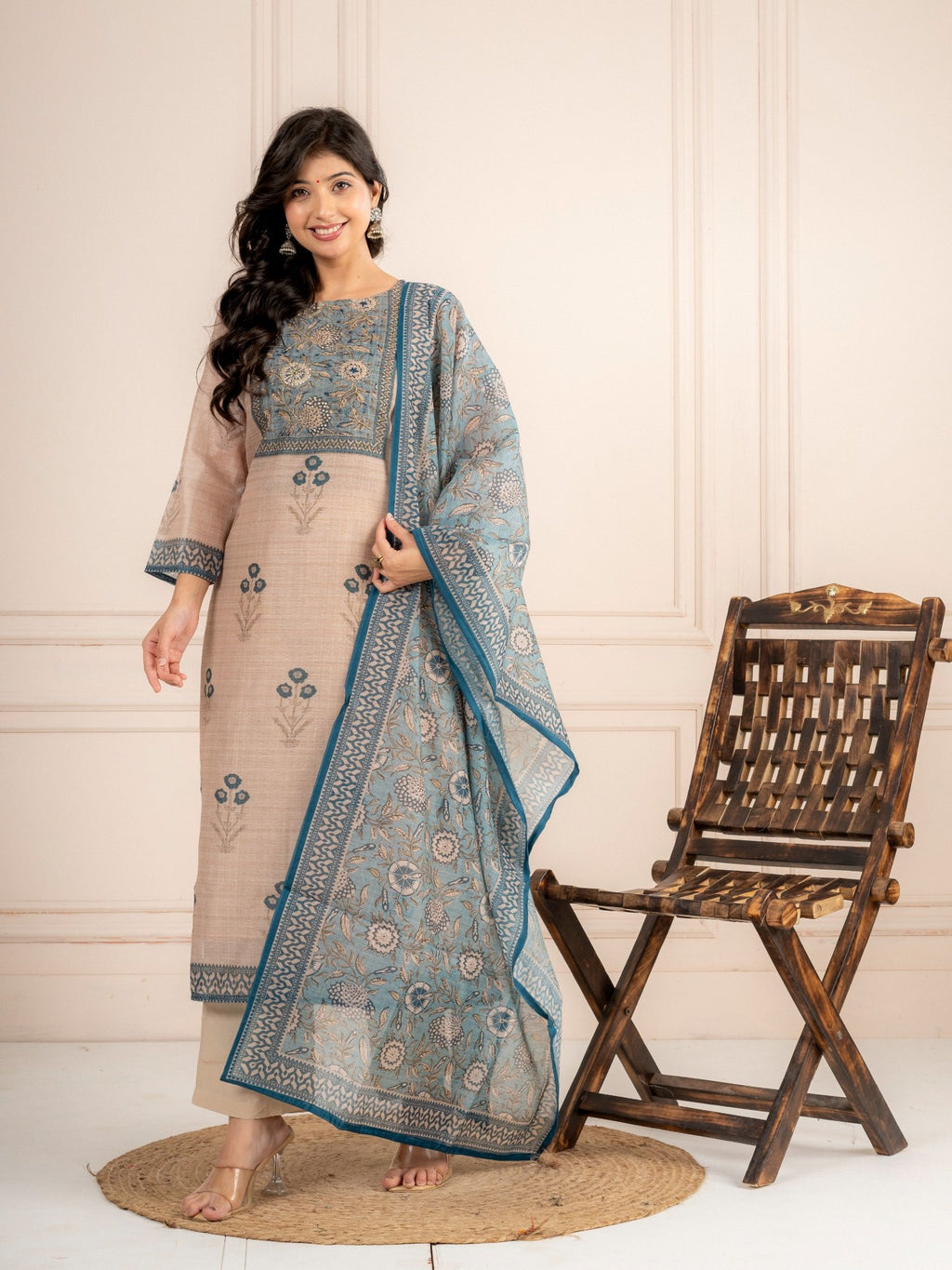 Mink Beige Chanderi Silk Suit Set with Teal Blue Dupatta