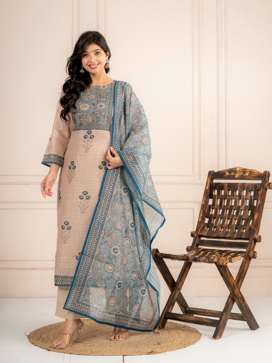Mink Beige Chanderi Silk Suit Set with Teal Blue Dupatta