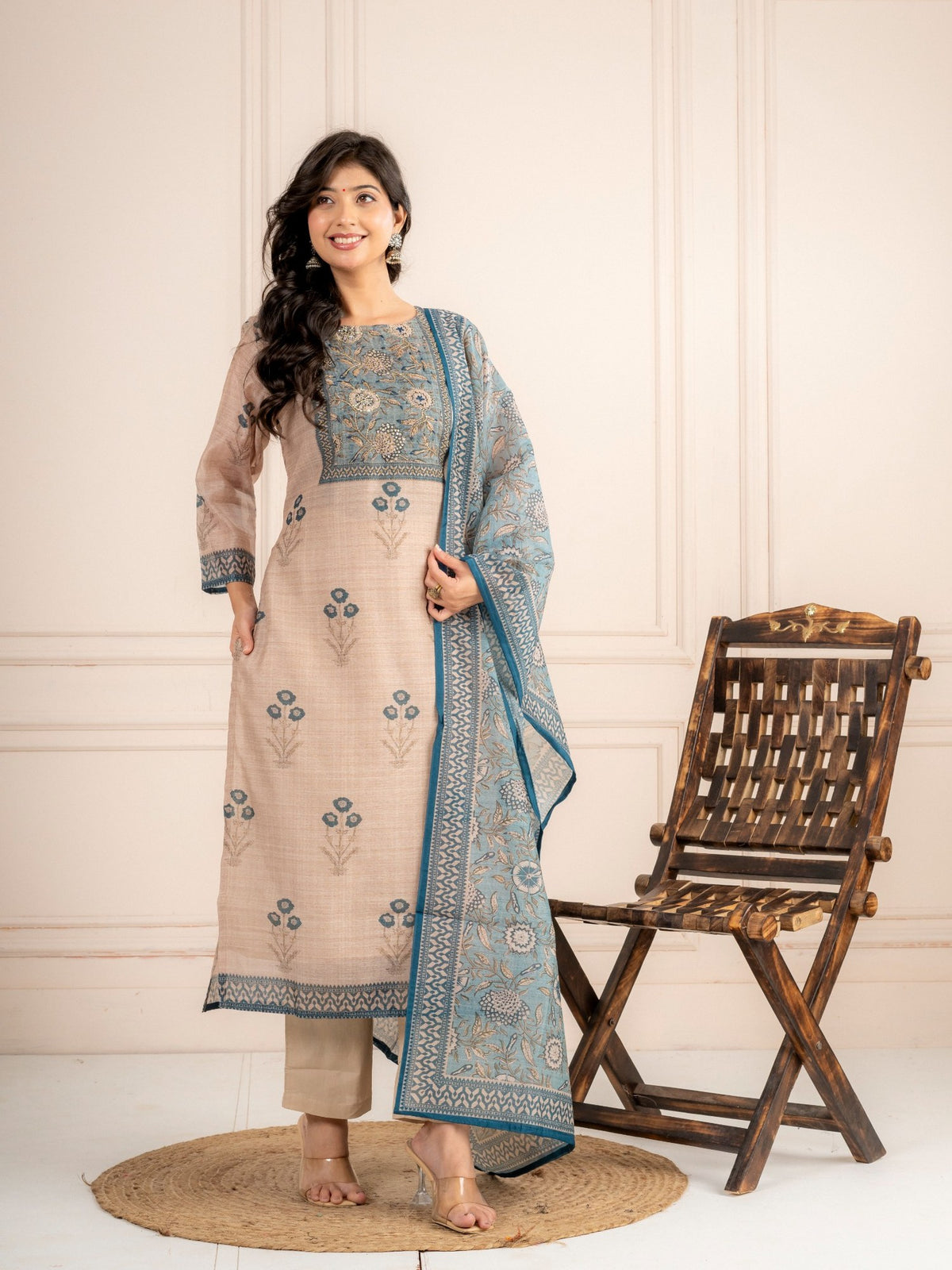 Mink Beige Chanderi Silk Suit Set with Teal Blue Dupatta