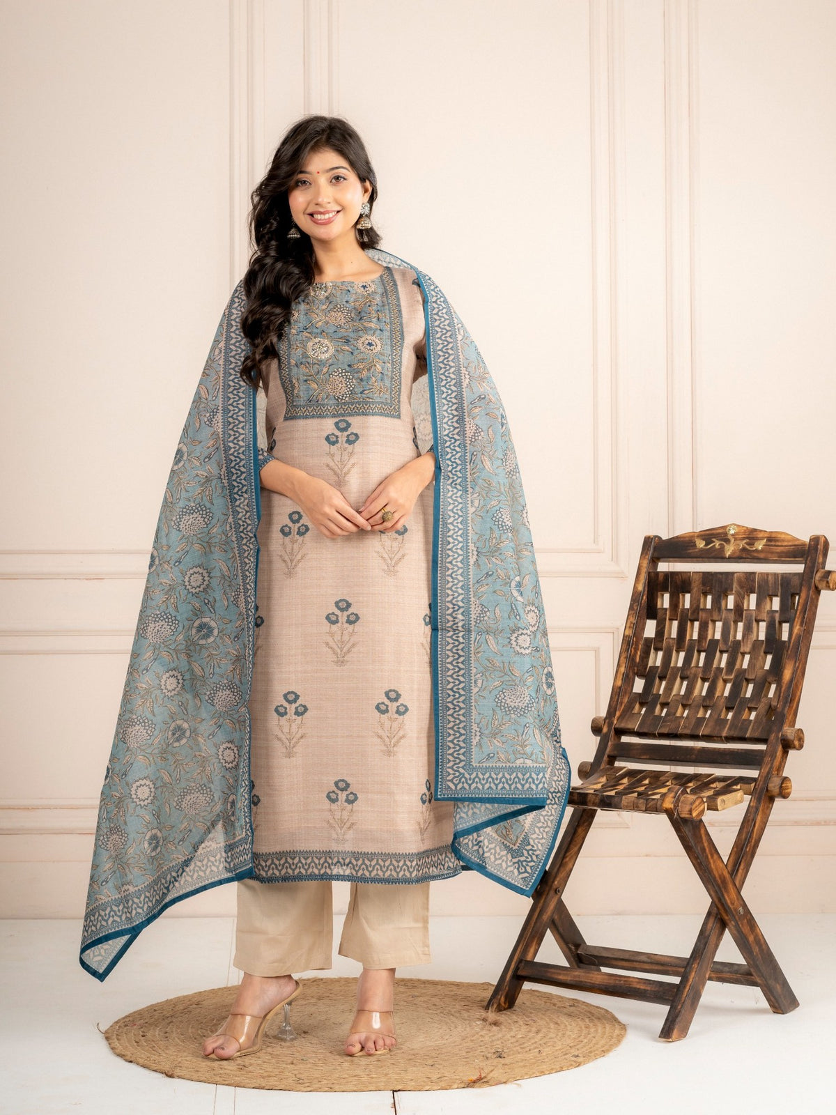 Mink Beige Chanderi Silk Suit Set with Teal Blue Dupatta