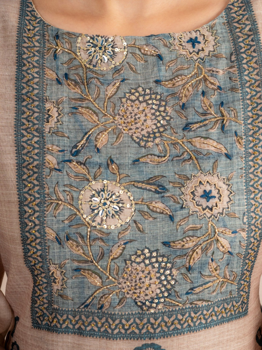 Mink Beige Chanderi Silk Suit Set with Teal Blue Dupatta