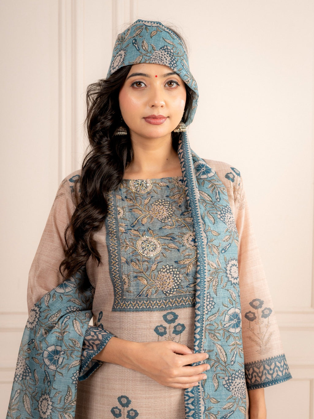 Mink Beige Chanderi Silk Suit Set with Teal Blue Dupatta