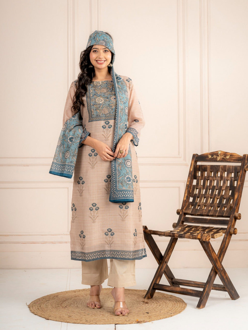 Mink Beige Chanderi Silk Suit Set with Teal Blue Dupatta