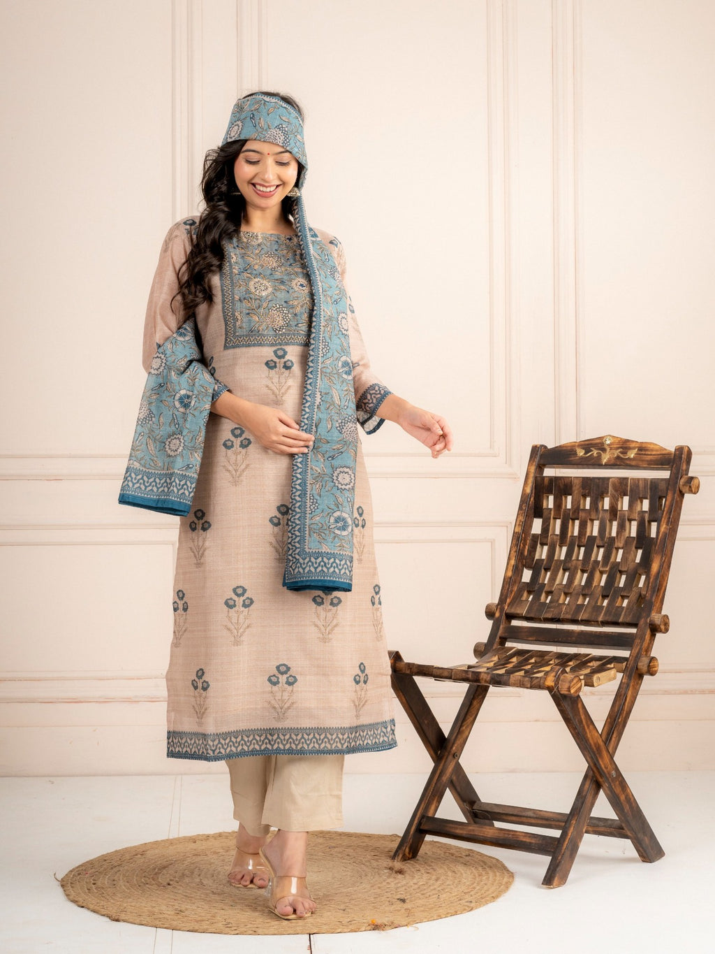Mink Beige Chanderi Silk Suit Set with Teal Blue Dupatta