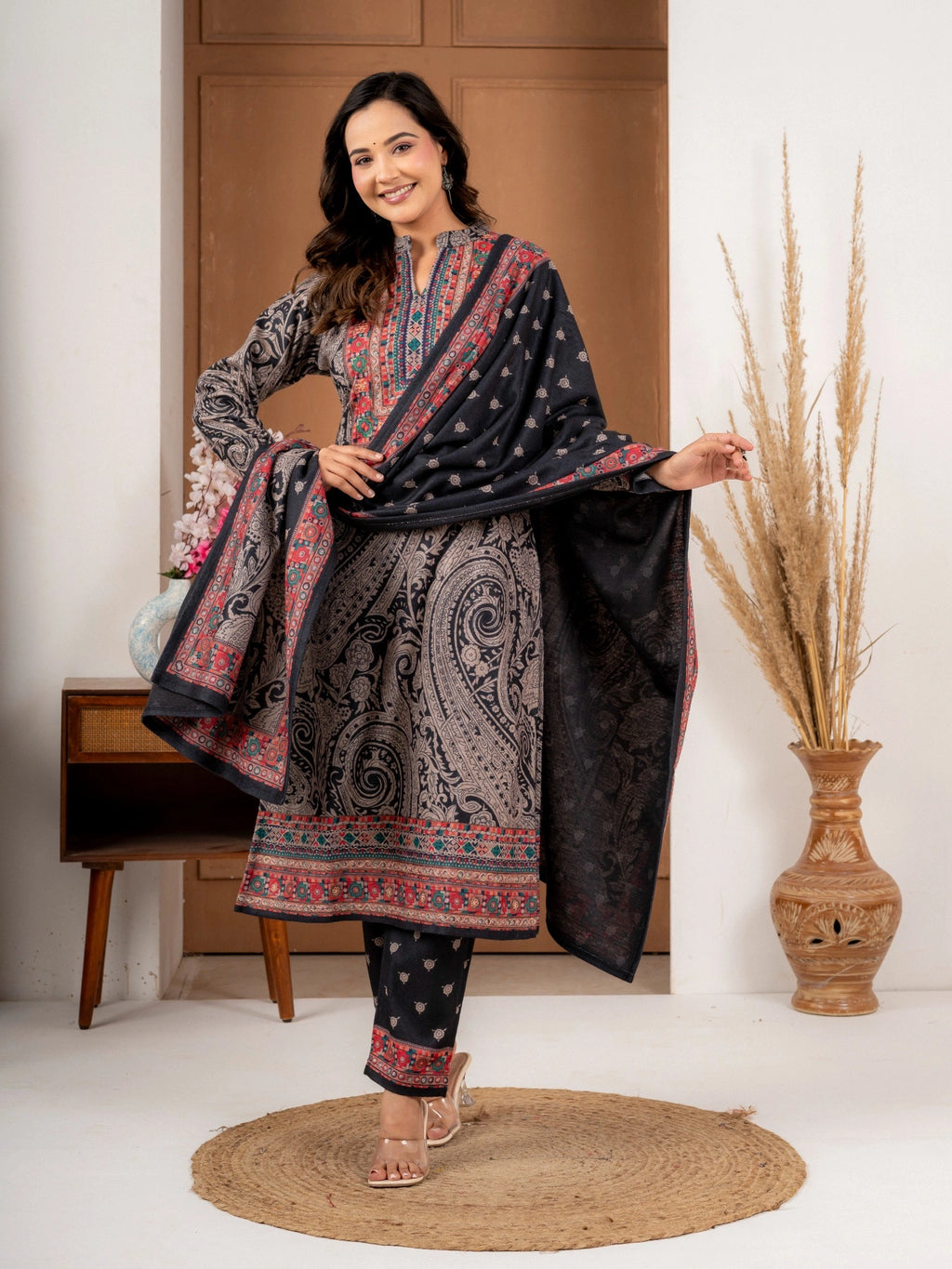 Black Wool Blend Printed Suit Set with Dupatta