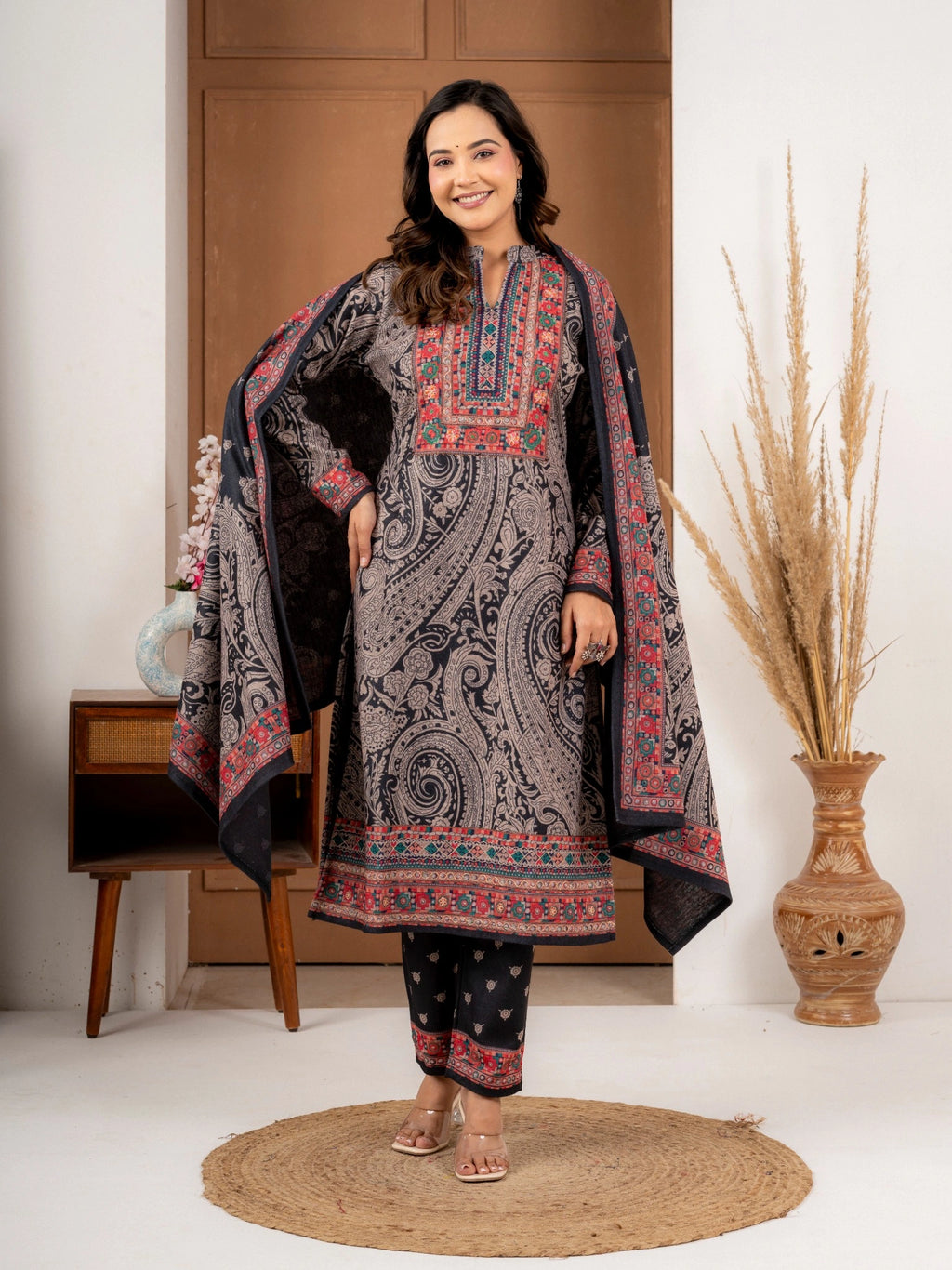 Black Wool Blend Printed Suit Set with Dupatta