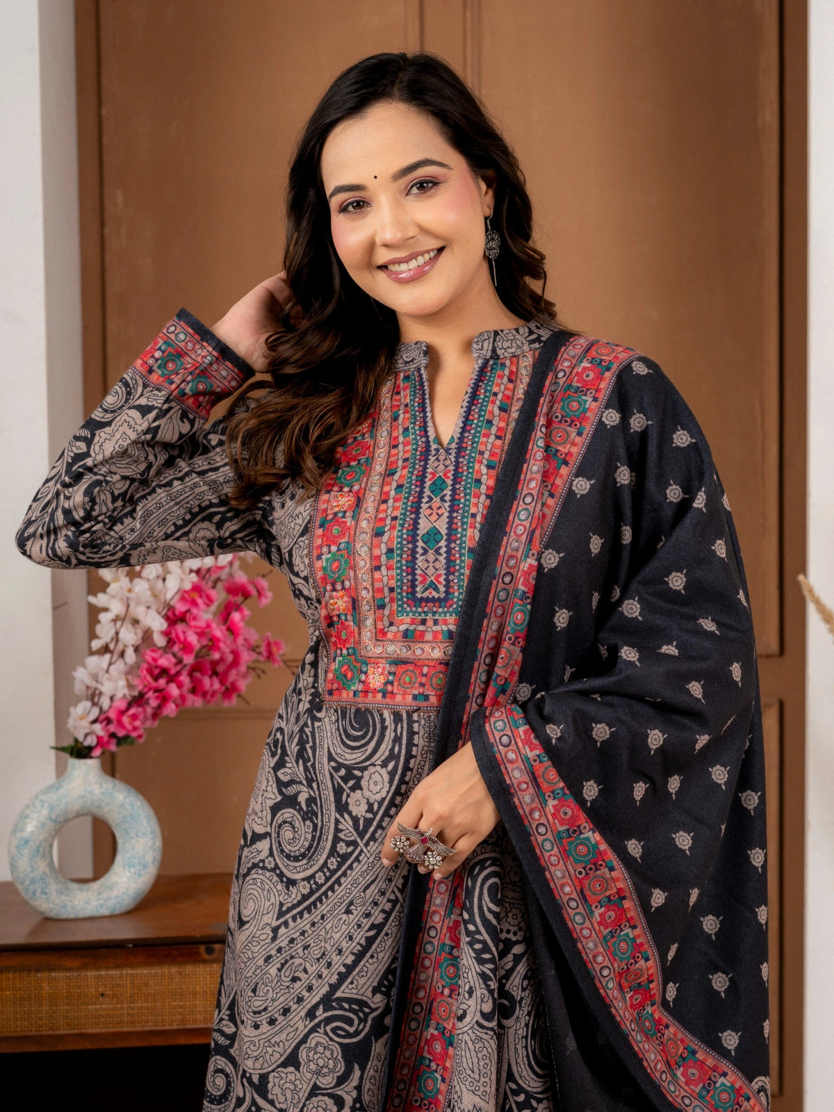 Black Wool Blend Printed Suit Set with Dupatta