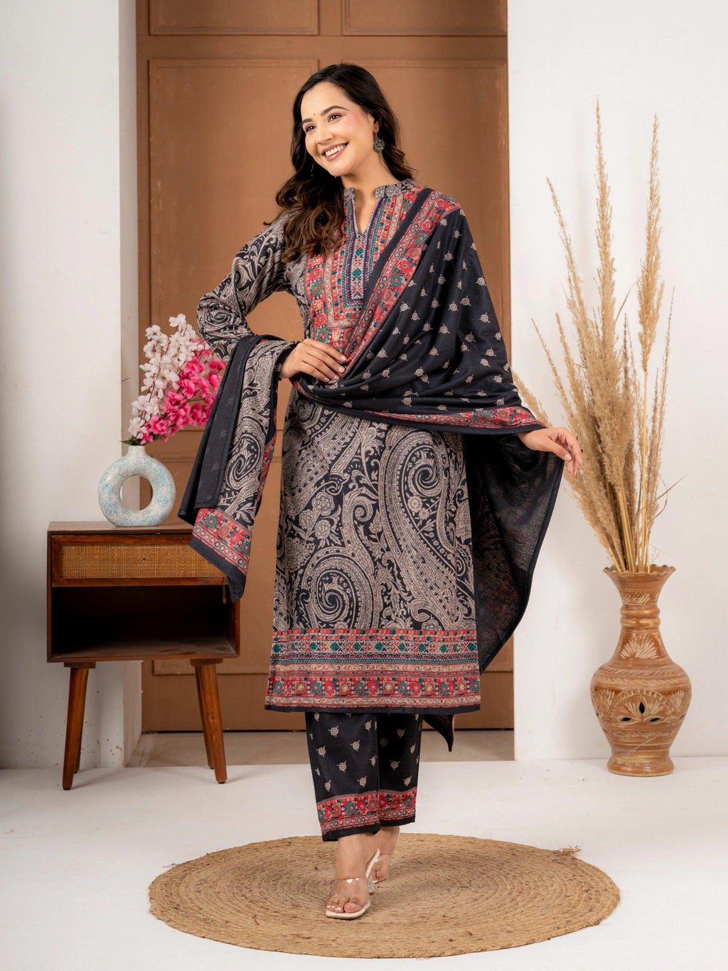 Black Wool Blend Printed Suit Set with Dupatta