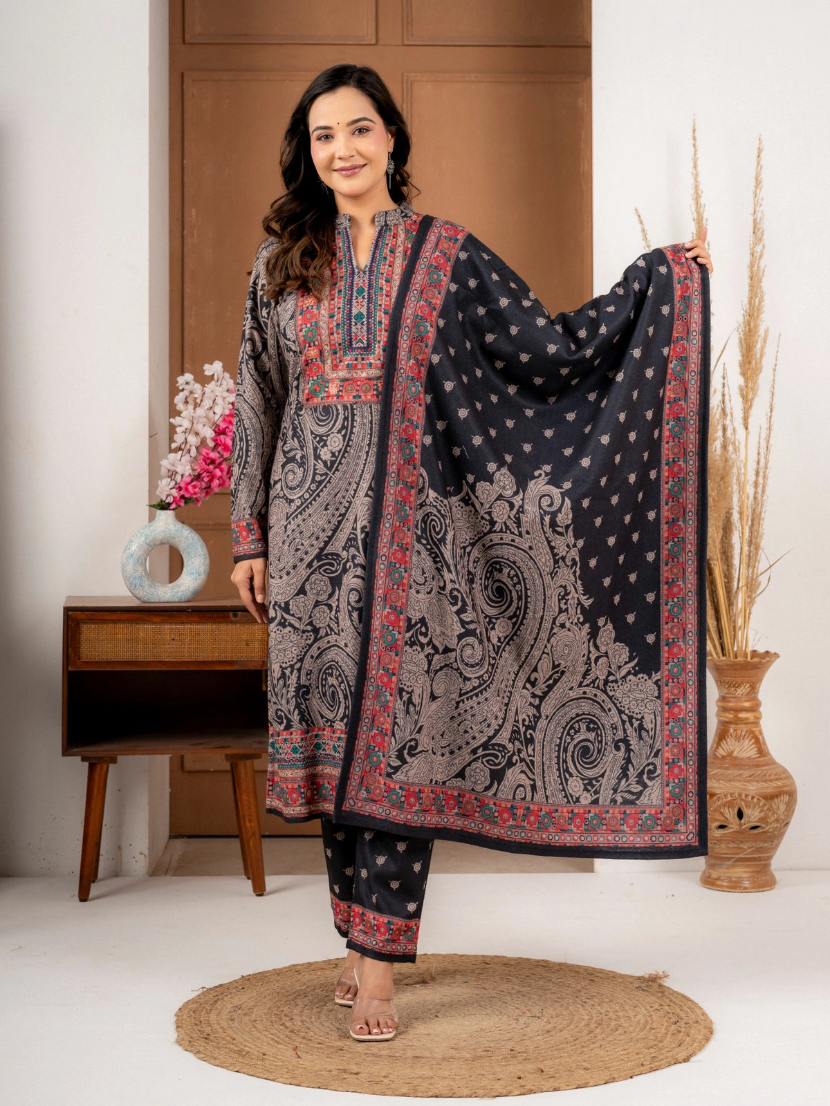 Black Wool Blend Printed Suit Set with Dupatta