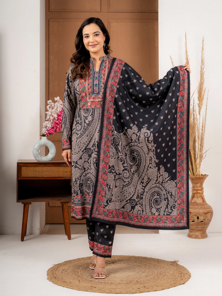 Black Wool Blend Printed Suit Set with Dupatta