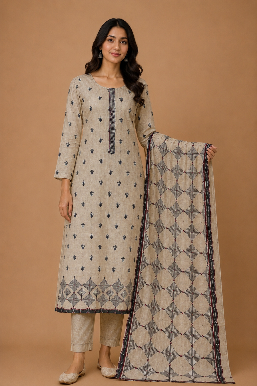 Fawn Black Mal Chanderi Unstitched Suit Set
