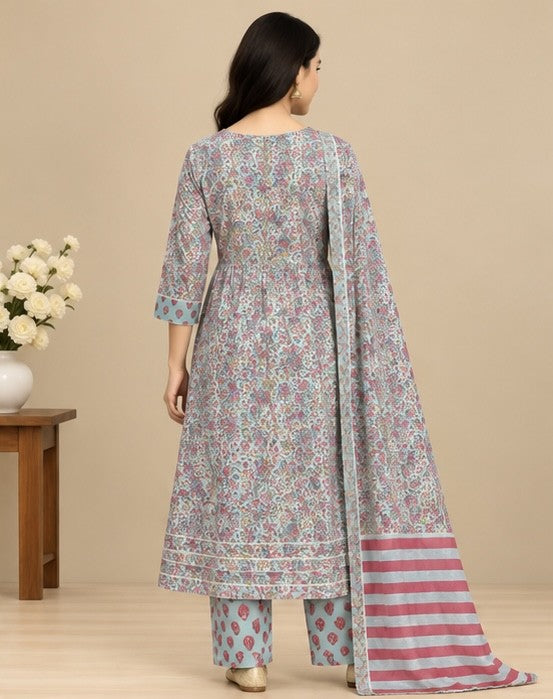 Women’s Blue Cotton Blend Floral Printed Anarkali Salwar Kurta Dupatta Set