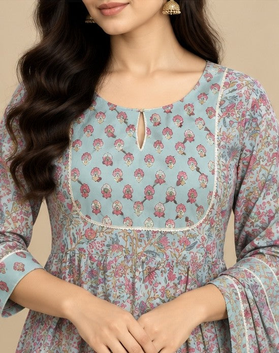 Women’s Blue Cotton Blend Floral Printed Anarkali Salwar Kurta Dupatta Set