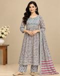 Women’s Blue Cotton Blend Floral Printed Anarkali Salwar Kurta Dupatta Set