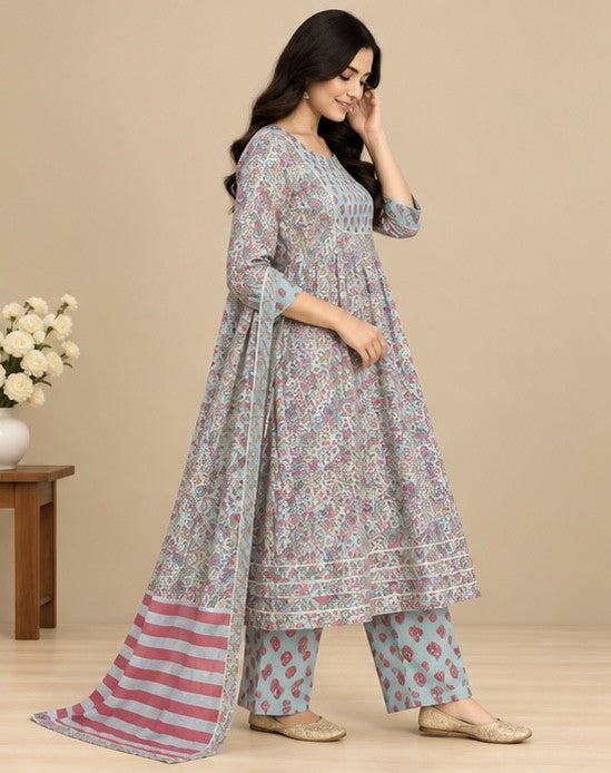 Women’s Blue Cotton Blend Floral Printed Anarkali Salwar Kurta Dupatta Set