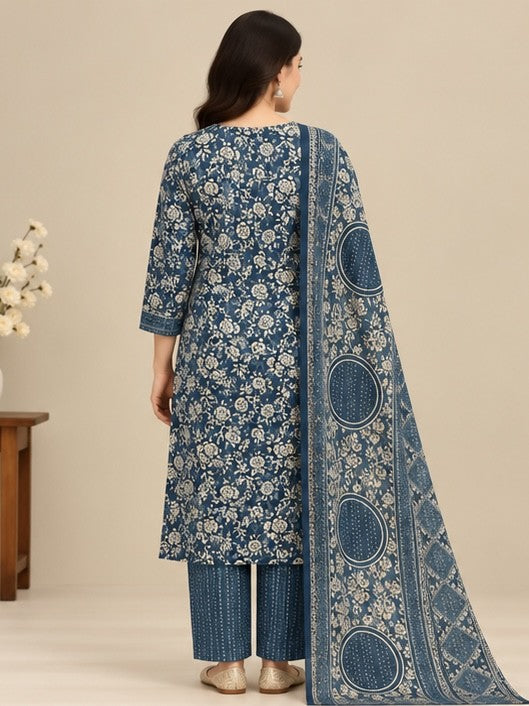 Women’s Blue Rayon Printed Salwar Kurta Dupatta Set