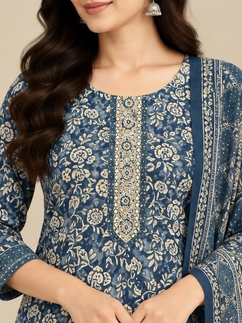 Women’s Blue Rayon Printed Salwar Kurta Dupatta Set