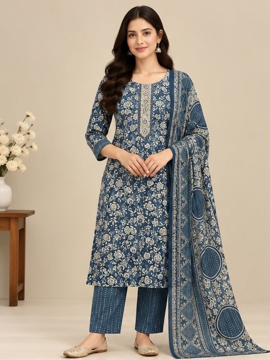 Women’s Blue Rayon Printed Salwar Kurta Dupatta Set