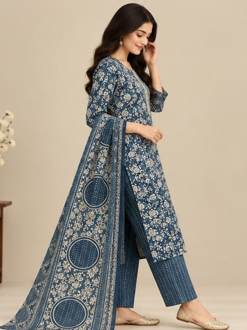 Women’s Blue Rayon Printed Salwar Kurta Dupatta Set