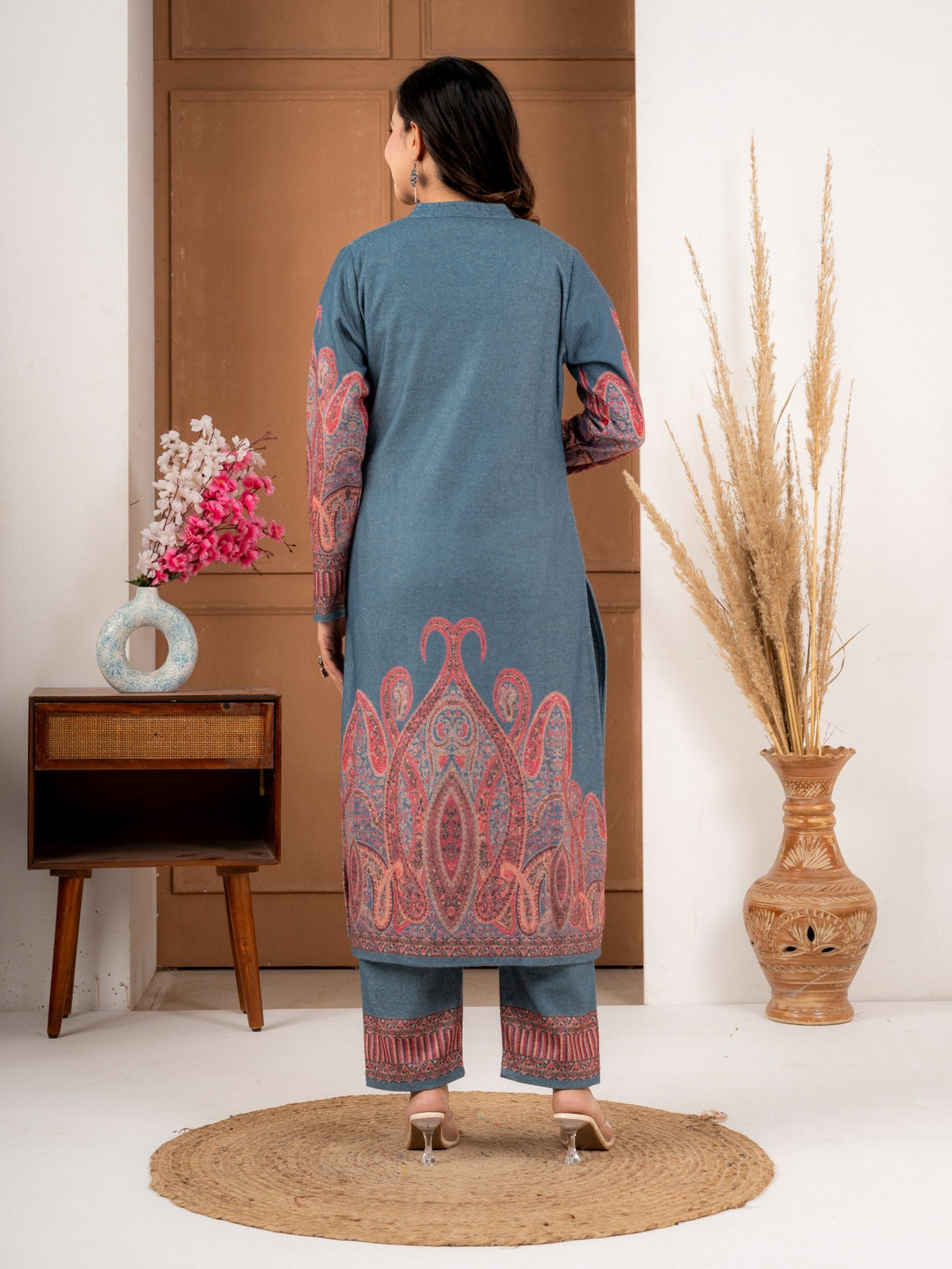 Blue Paisley Printed Wool Blend Suit Set with Dupatta