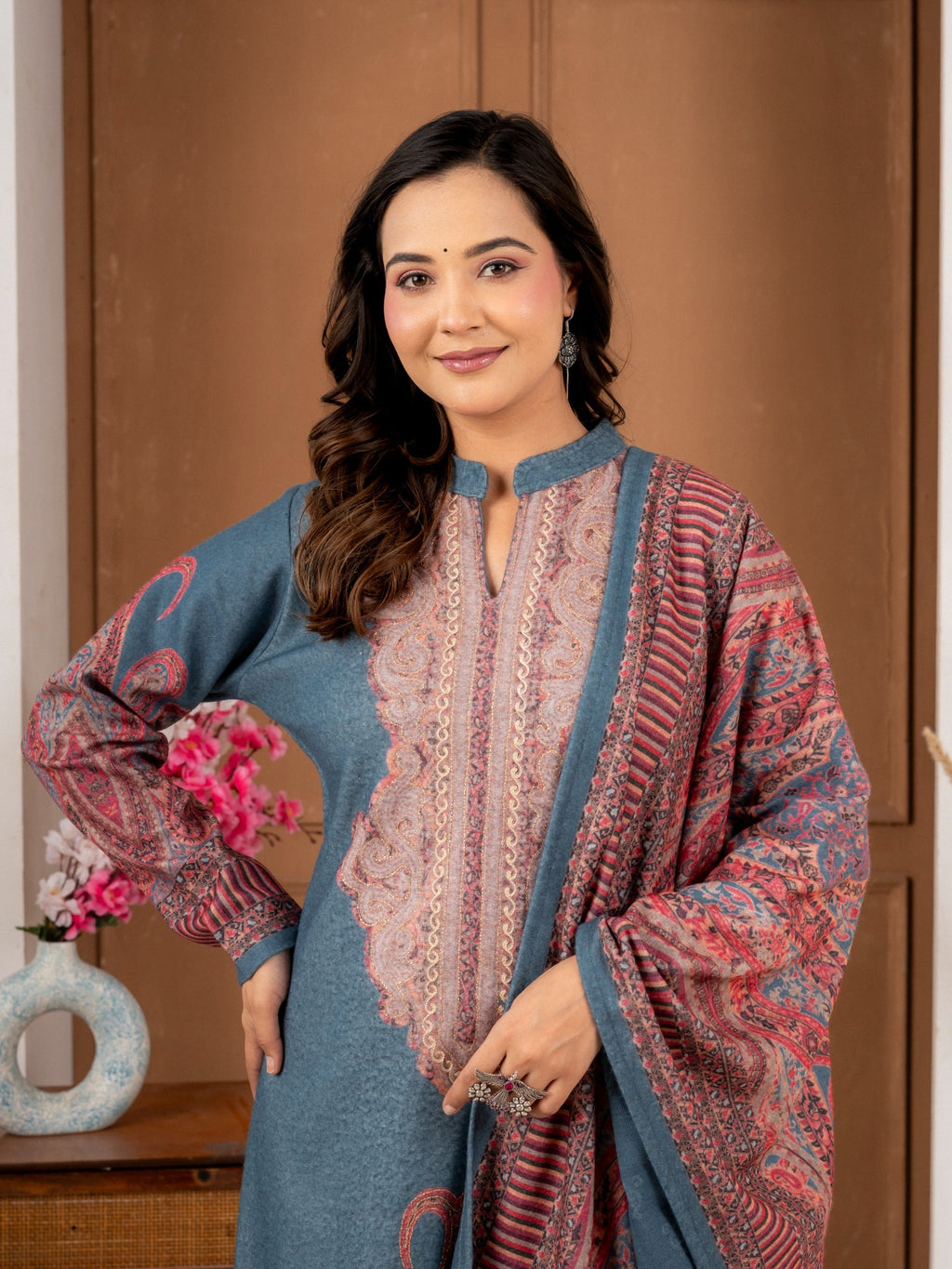 Blue Paisley Printed Wool Blend Suit Set with Dupatta