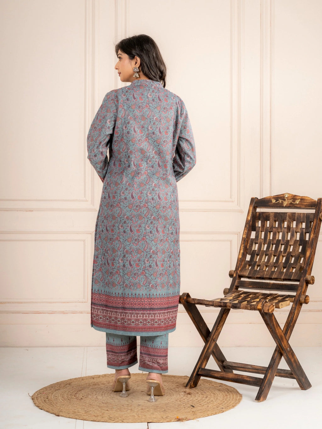 Blue Printed Wool Blend Suit Set with Matching Dupatta