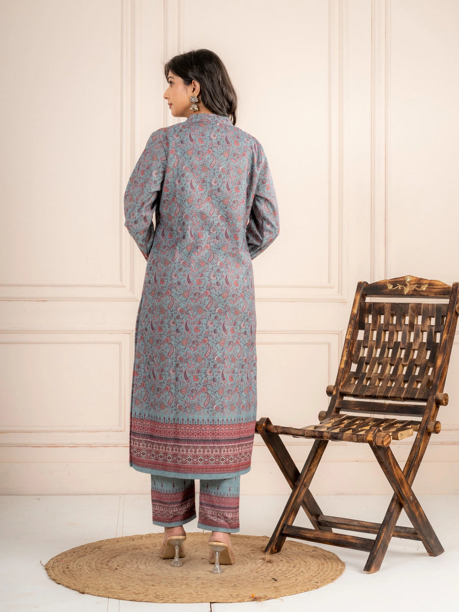 Blue Printed Wool Blend Suit Set with Matching Dupatta