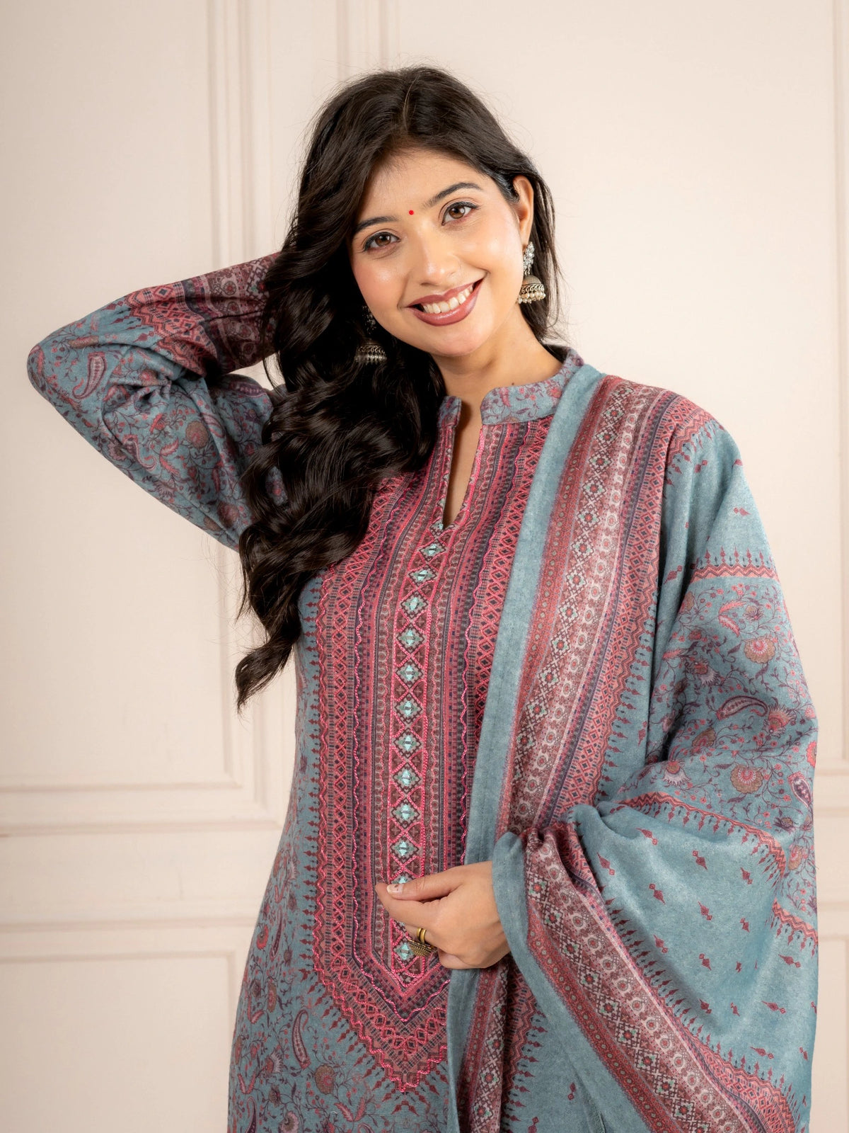 Blue Printed Wool Blend Suit Set with Matching Dupatta