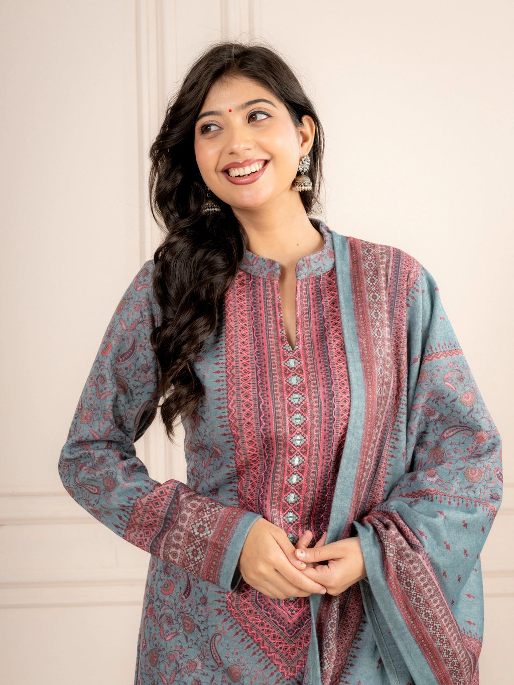 Blue Printed Wool Blend Suit Set with Matching Dupatta