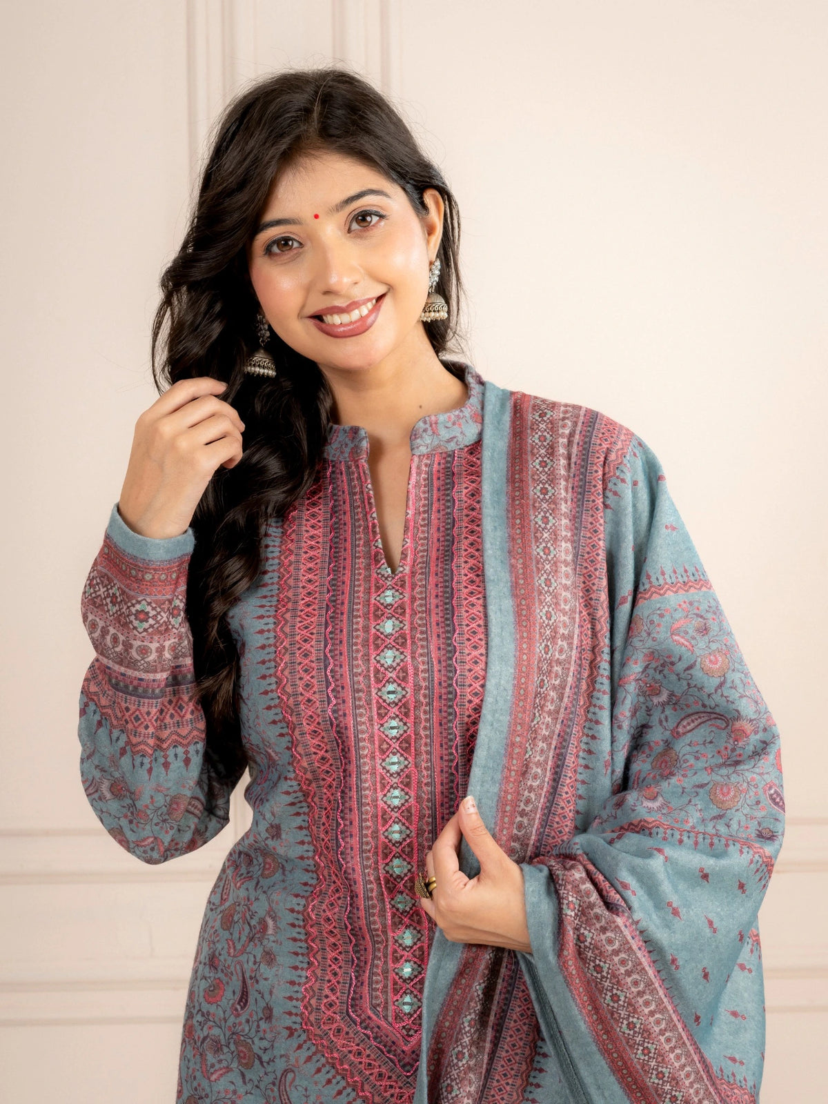 Blue Printed Wool Blend Suit Set with Matching Dupatta