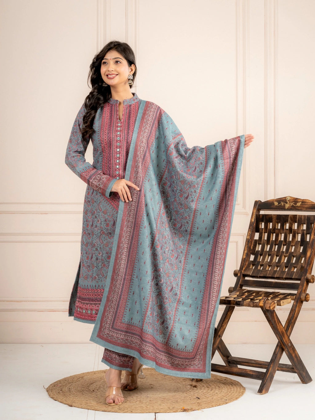 Blue Printed Wool Blend Suit Set with Matching Dupatta
