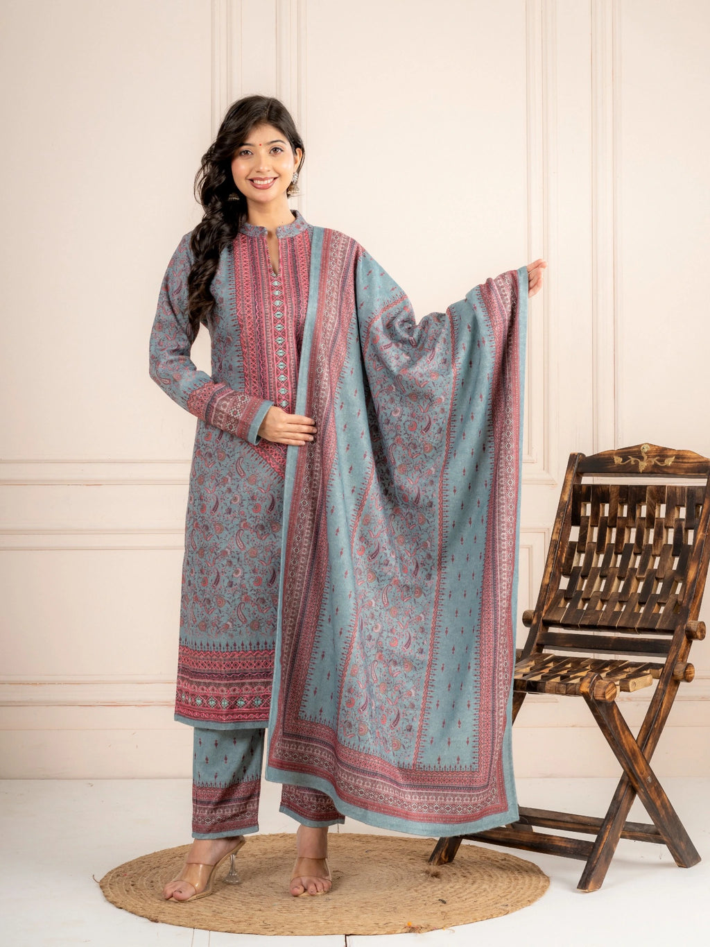Blue Printed Wool Blend Suit Set with Matching Dupatta