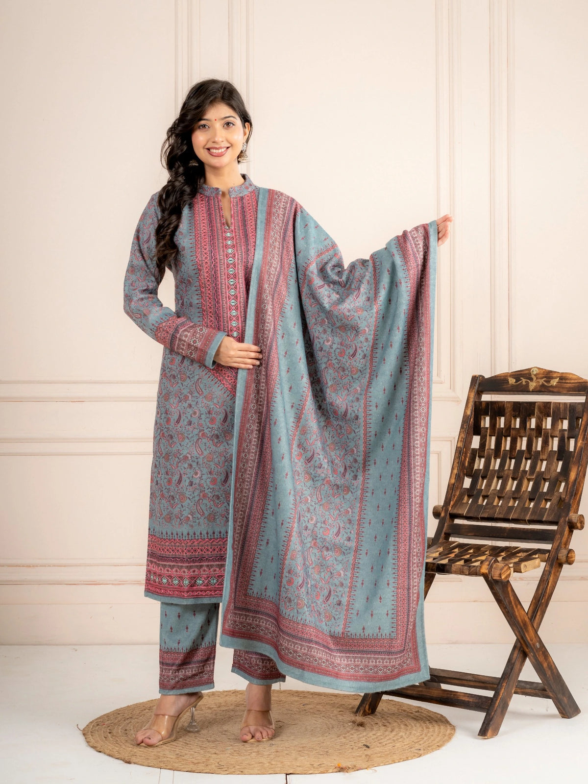 Blue Printed Wool Blend Suit Set with Matching Dupatta