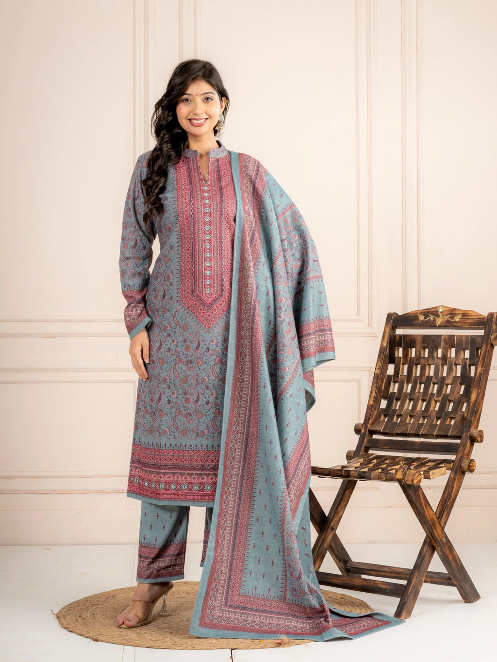 Blue Printed Wool Blend Suit Set with Matching Dupatta