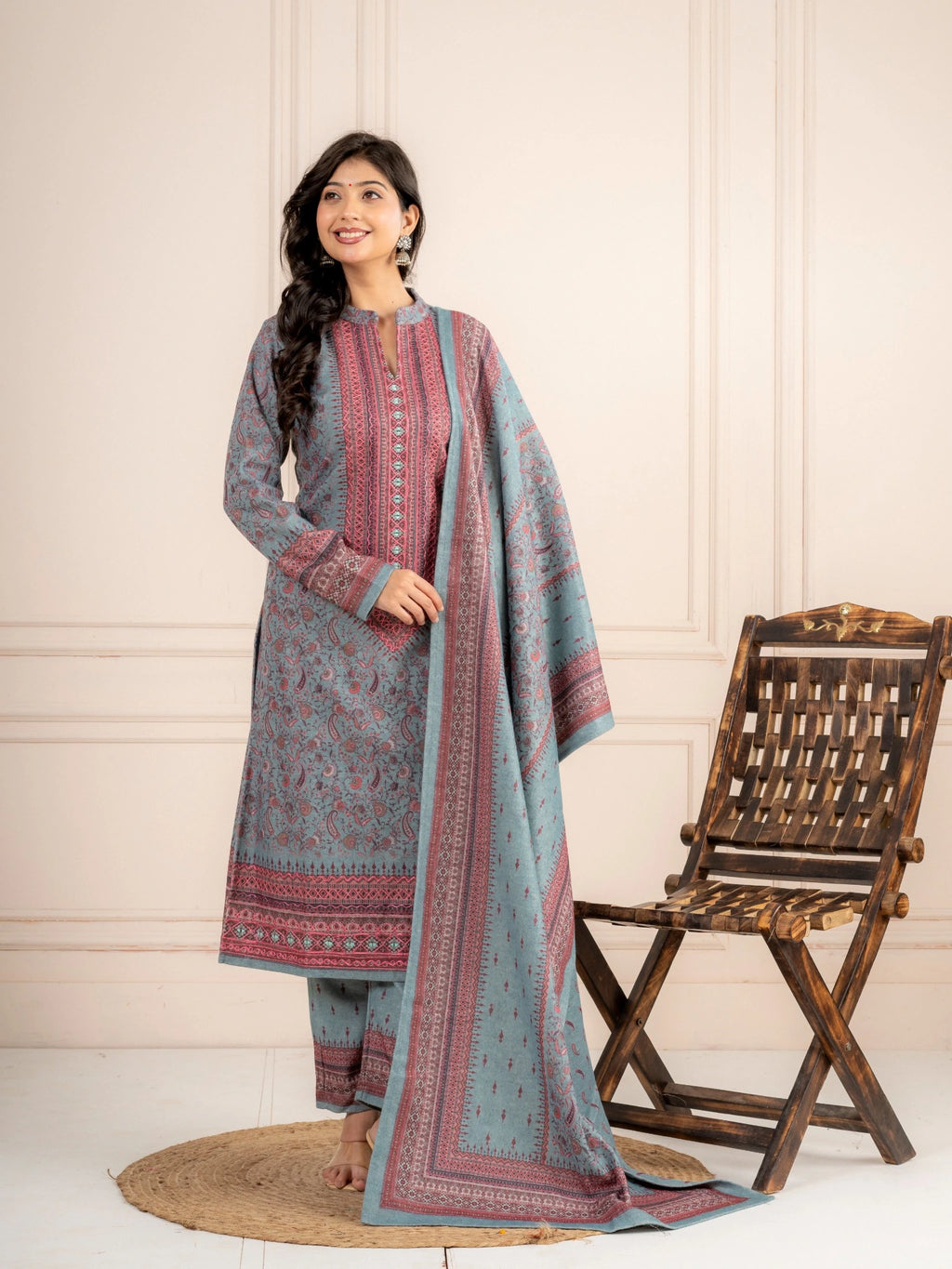 Blue Printed Wool Blend Suit Set with Matching Dupatta