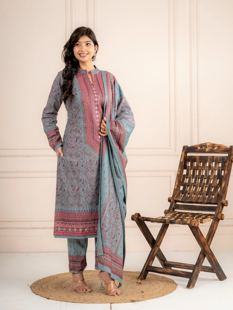 Blue Printed Wool Blend Suit Set with Matching Dupatta