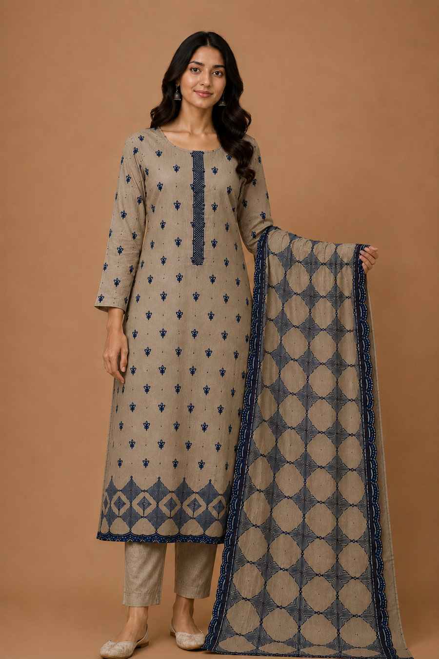 Fawn Blue Mal Chanderi Unstitched Suit Set