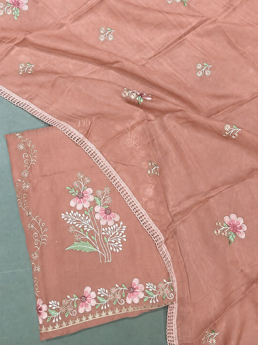 Blush Brown Floral Embroidered Georgette Unstitched Suit Material