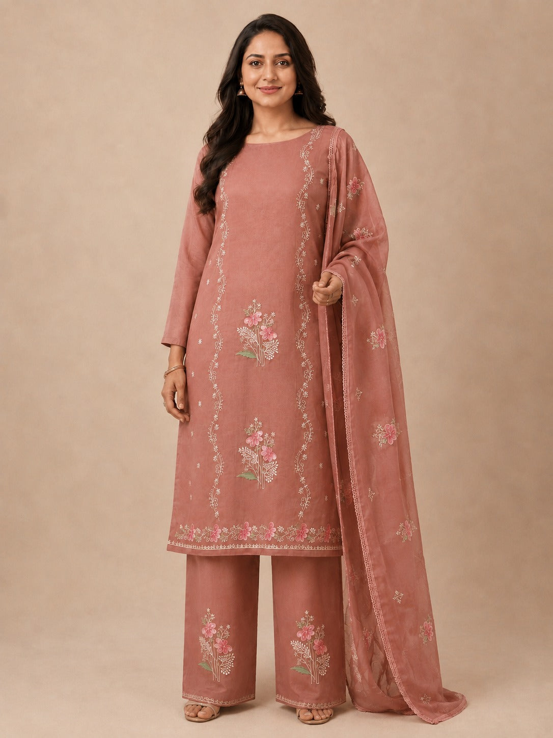 Blush Brown Floral Embroidered Georgette Unstitched Suit Material