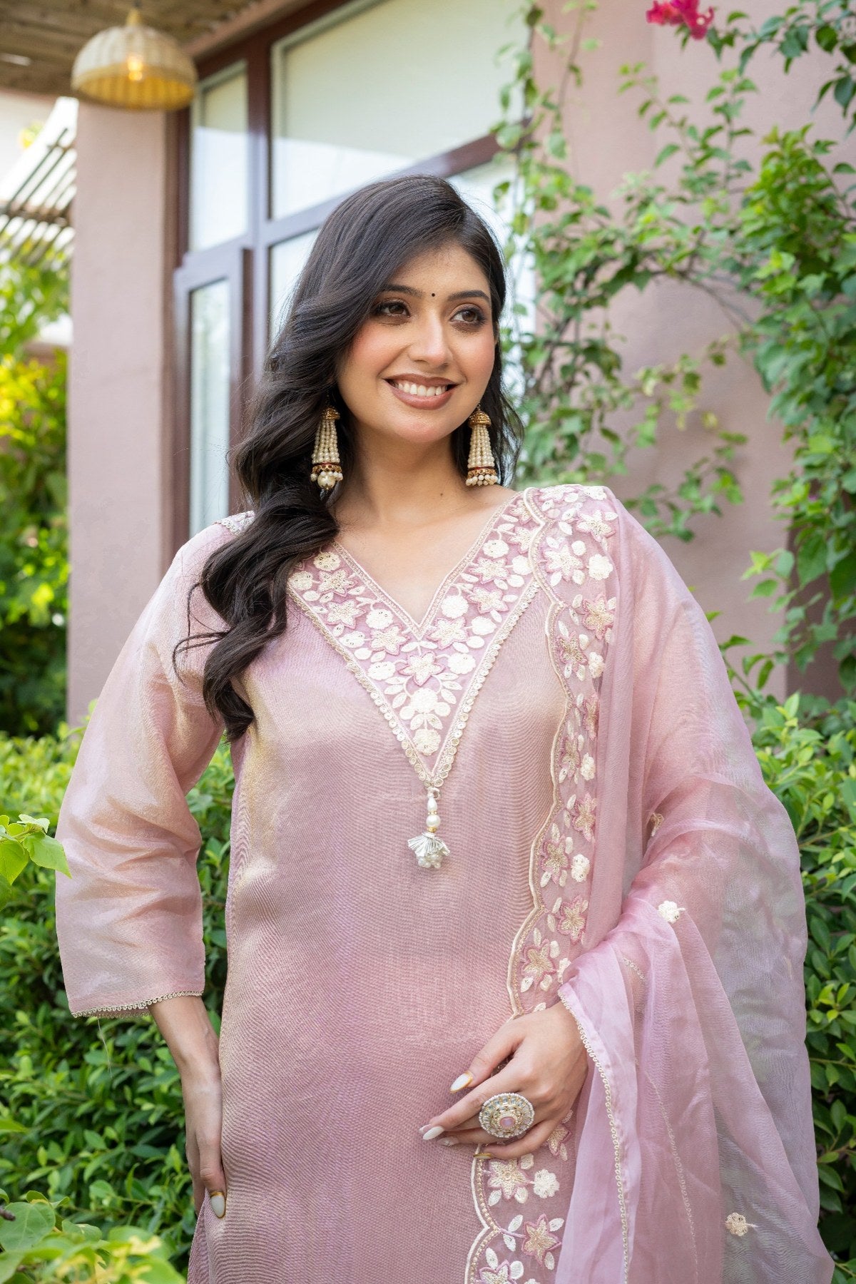 Foxy Pink Tissue Silk Embroidered Suit Set