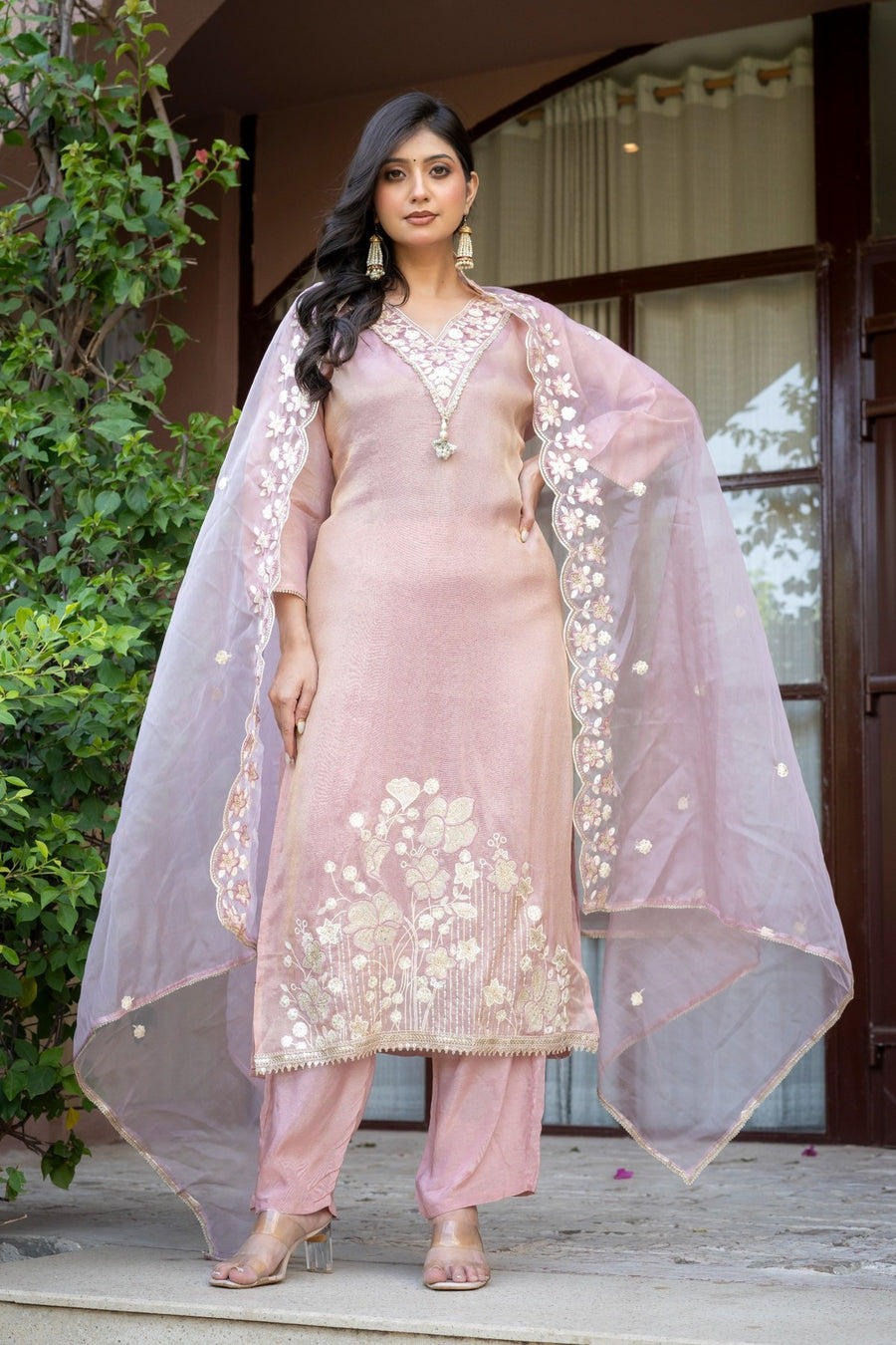 Foxy Pink Tissue Silk Embroidered Suit Set