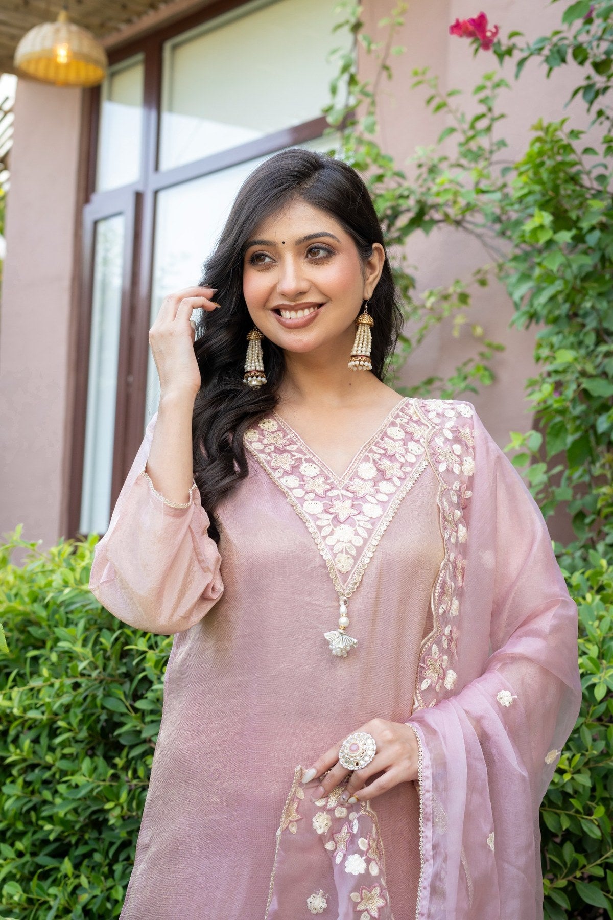 Foxy Pink Tissue Silk Embroidered Suit Set
