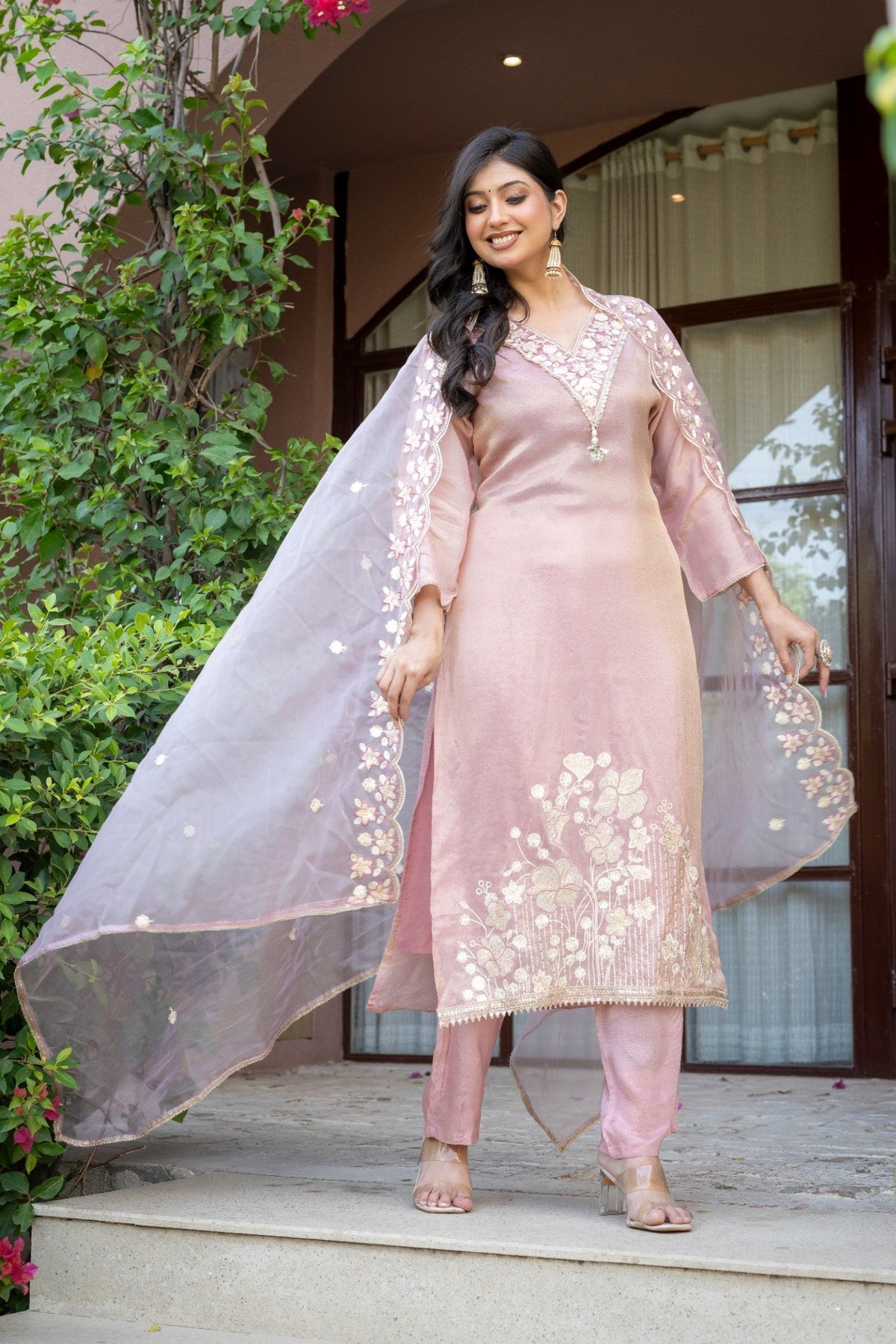 Foxy Pink Tissue Silk Embroidered Suit Set