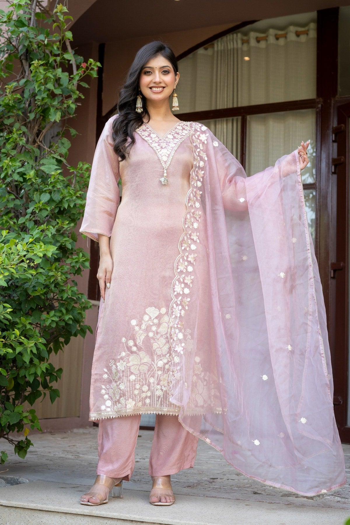 Foxy Pink Tissue Silk Embroidered Suit Set