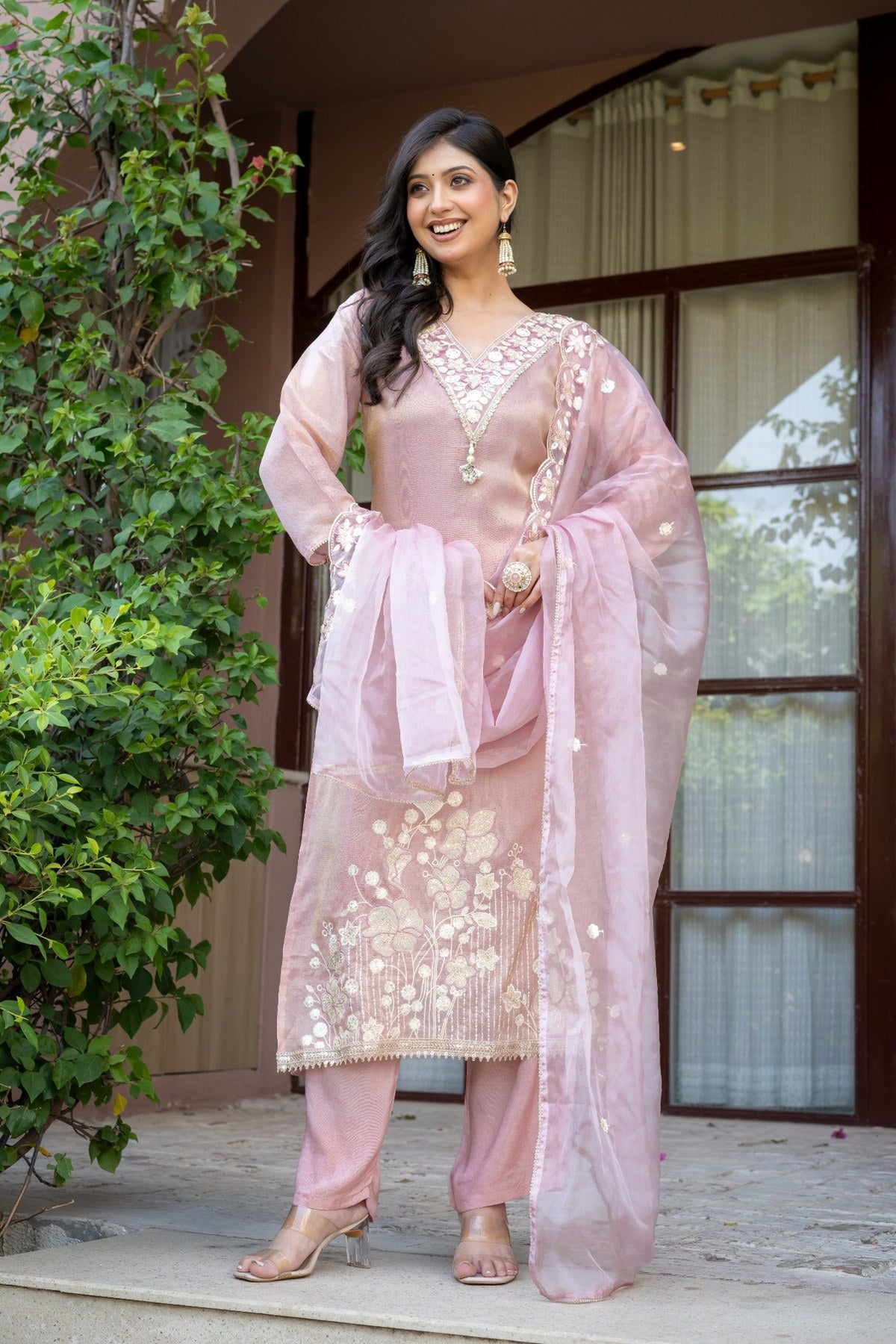 Foxy Pink Tissue Silk Embroidered Suit Set