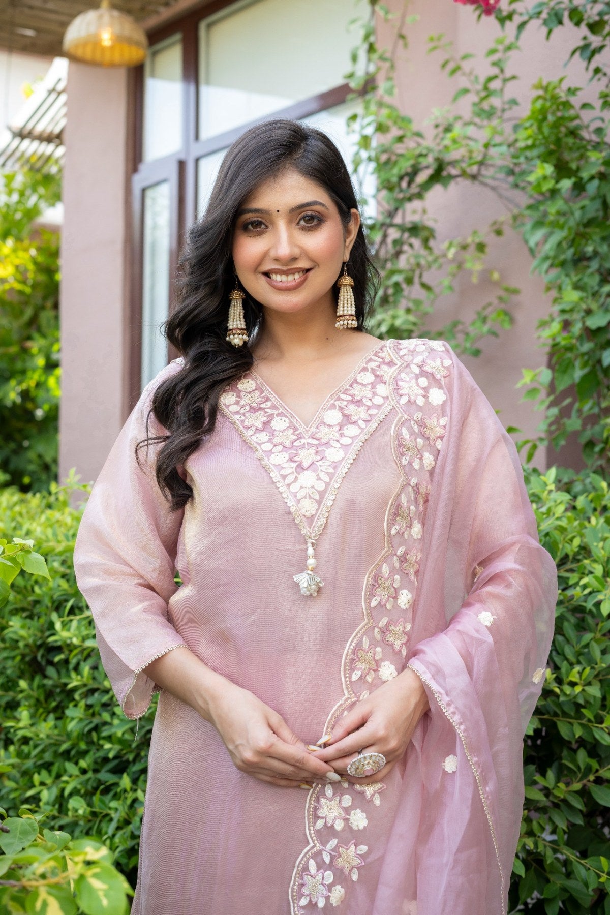 Foxy Pink Tissue Silk Embroidered Suit Set