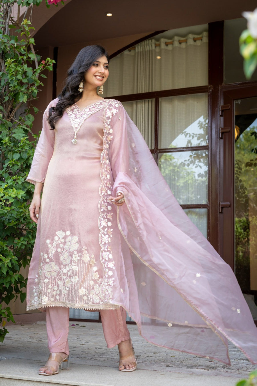 Foxy Pink Tissue Silk Embroidered Suit Set