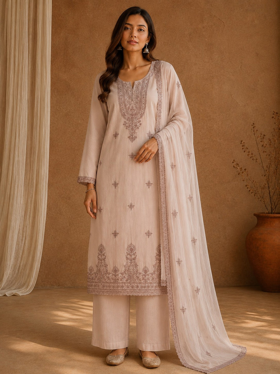 Dusty Bronze Chanderi Silk Embroidered Unstitched Suit Material